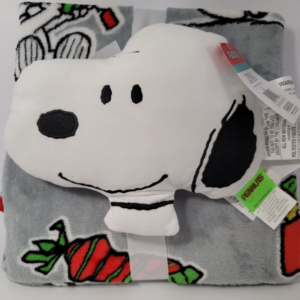 Nogginz‎ Snoopy Peanuts Christmas Pillow Fleece Travel Blanket Set Holiday Gift